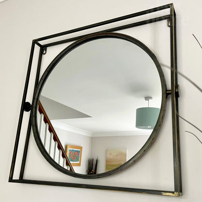 Industrial Round Mirror In Square Frame