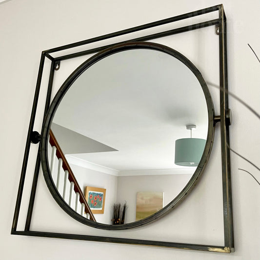 Industrial Round Mirror In Square Frame