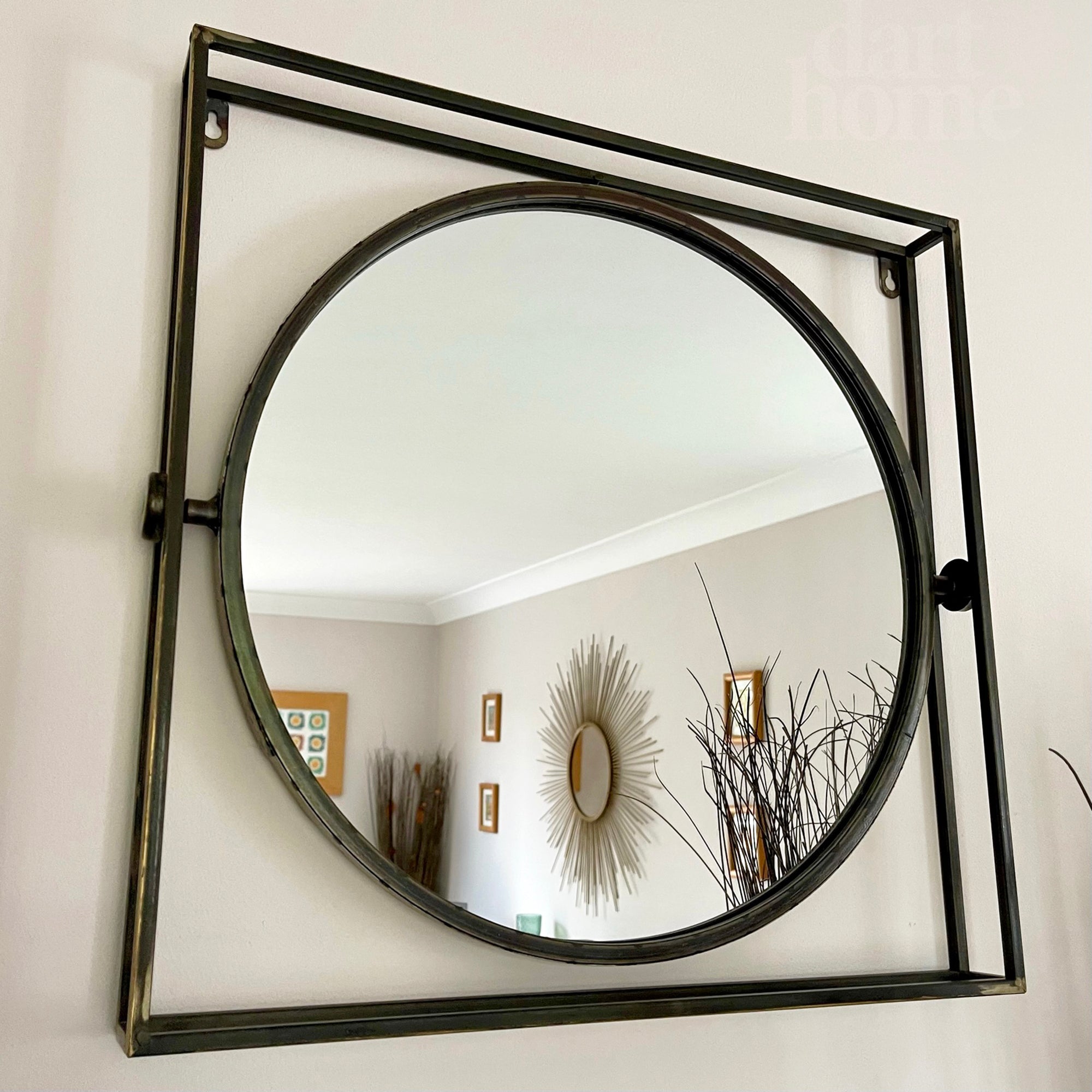 Industrial Round Mirror In Square Frame