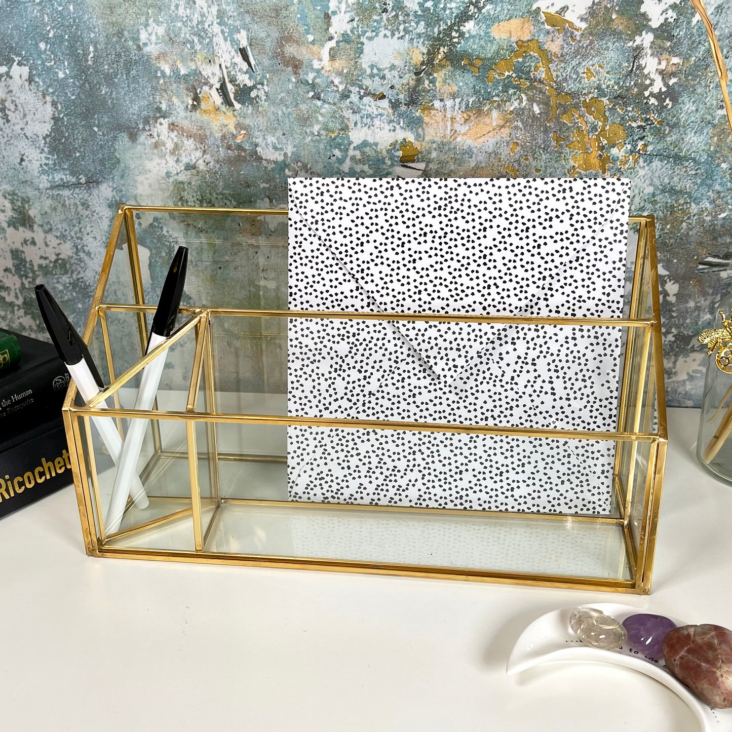 Brass Rim Glass 3 Compartment Letter Rack