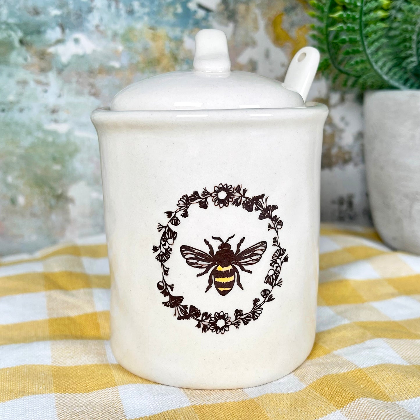 Ceramic Queen Bee Sugar Pot With Lid & Spoon