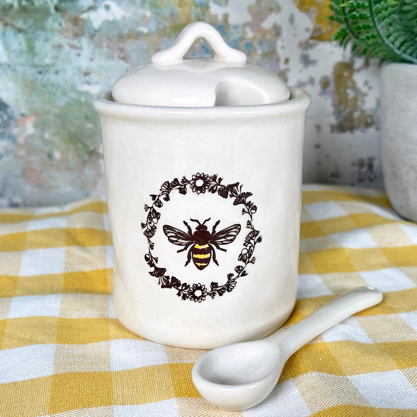 Ceramic Queen Bee Sugar Pot With Lid & Spoon