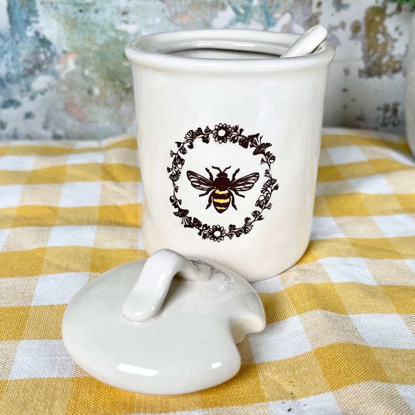 Ceramic Queen Bee Sugar Pot With Lid & Spoon