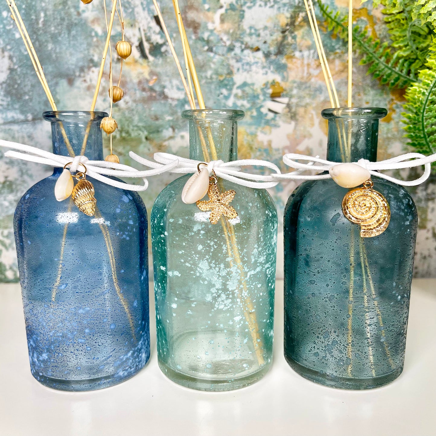 Set Of 3 Blue Glass Vases With Nautical Pendants