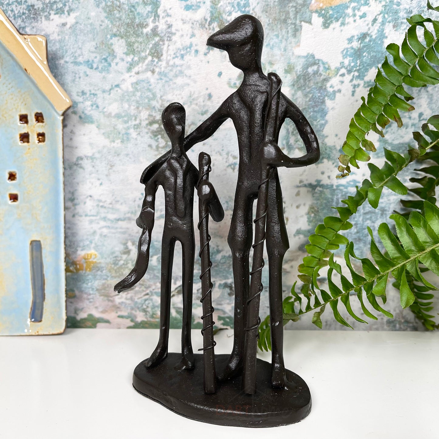 Cast Iron Fishing Father & Son Sculpture