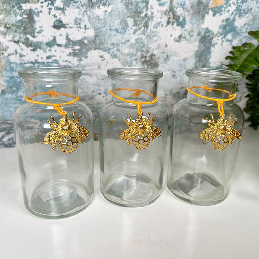 Set Of 3 Glass Bottle Vases W/ Gold Honey Bee Charm