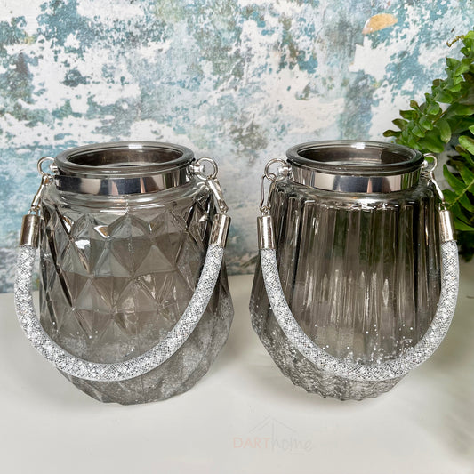 Silver Glitter Glass Candle Holder Set Of 2