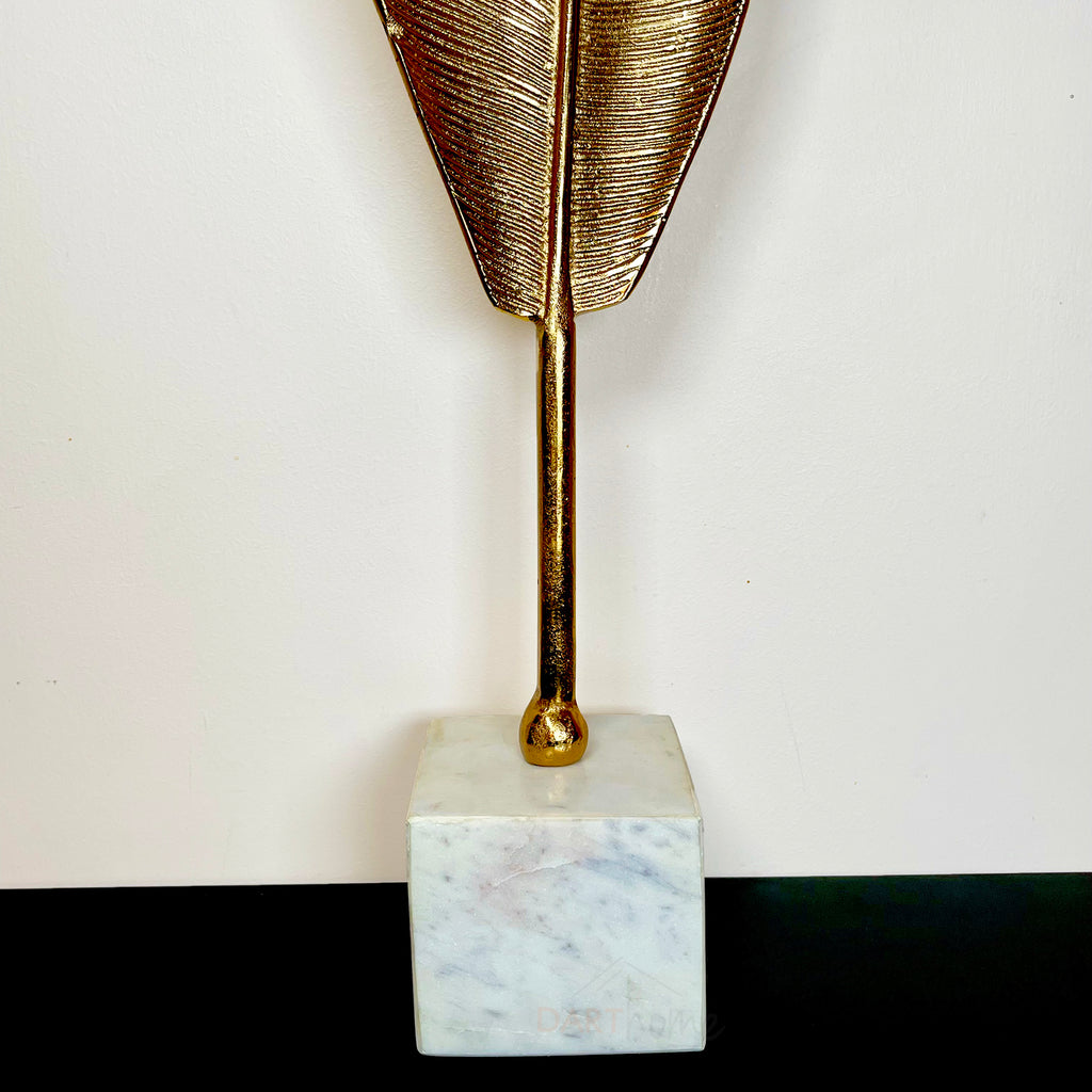 Metal Gold Feather Sculpture 3D White Marble Base
