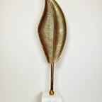 Metal Gold Feather Sculpture 3D White Marble Base