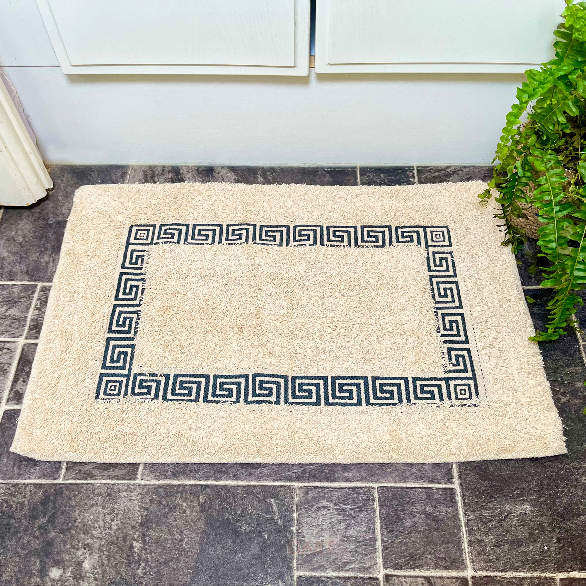 100% Cotton Cream Blue Greek Maze Bath Mat 60cmx40cm
