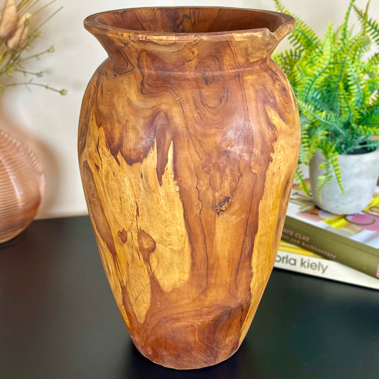 Teak Wood Lipped Urn Vase