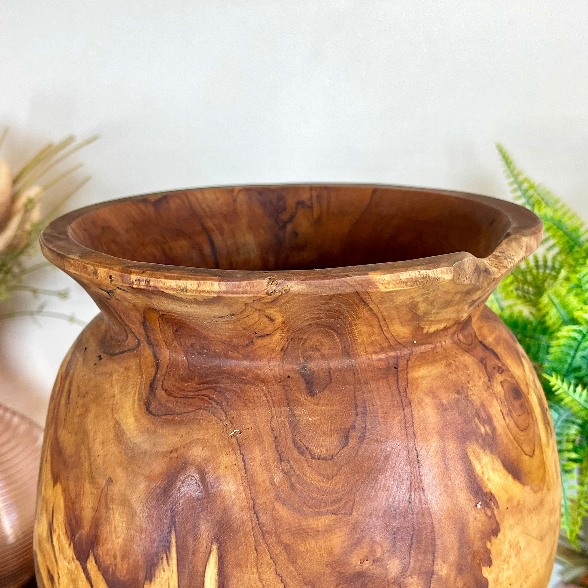 Teak Wood Lipped Urn Vase