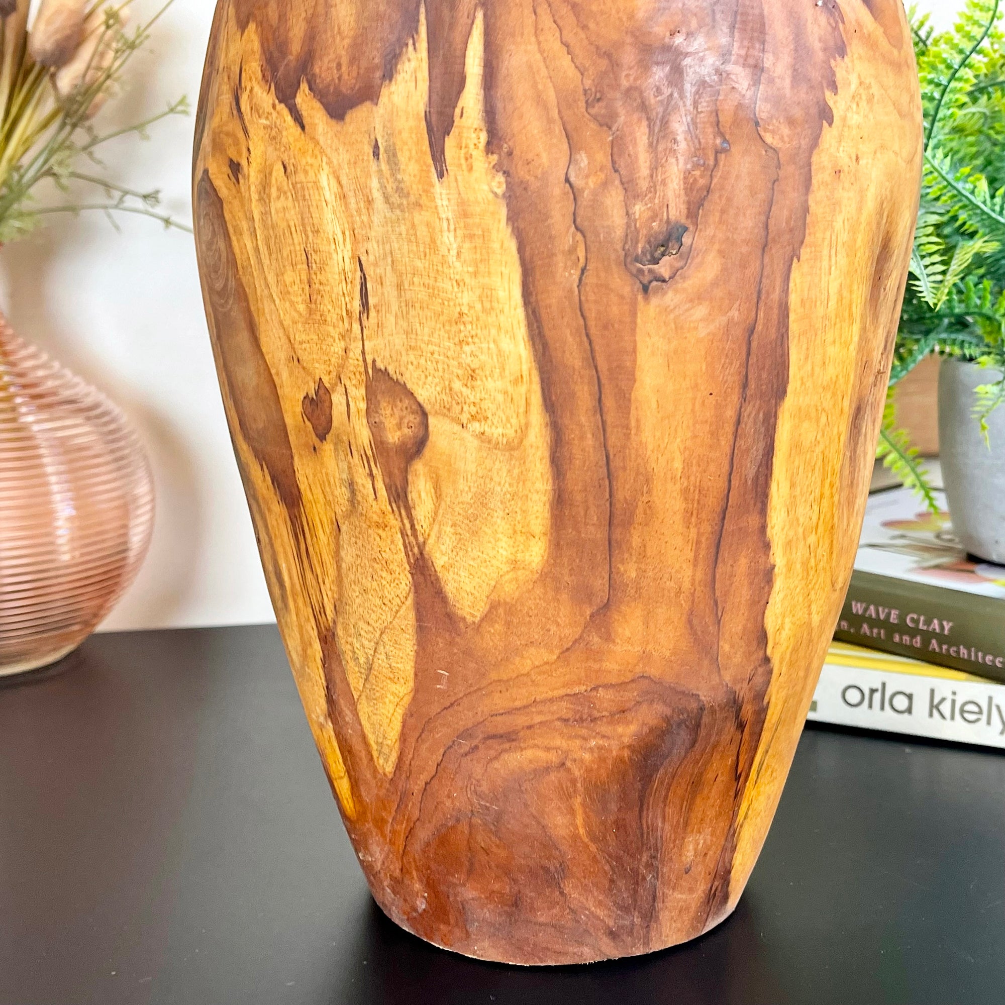 Teak Wood Lipped Urn Vase