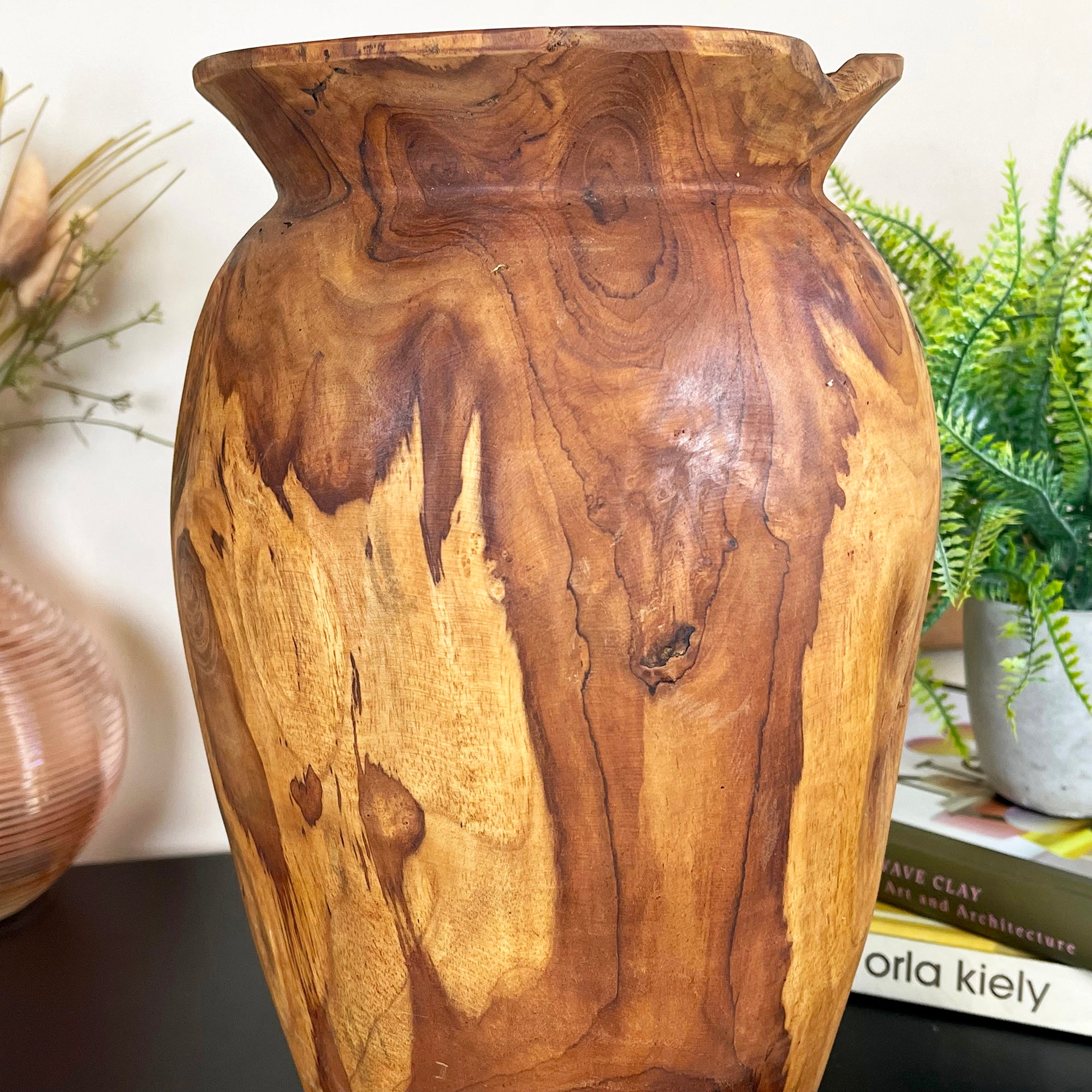 Teak Wood Lipped Urn Vase