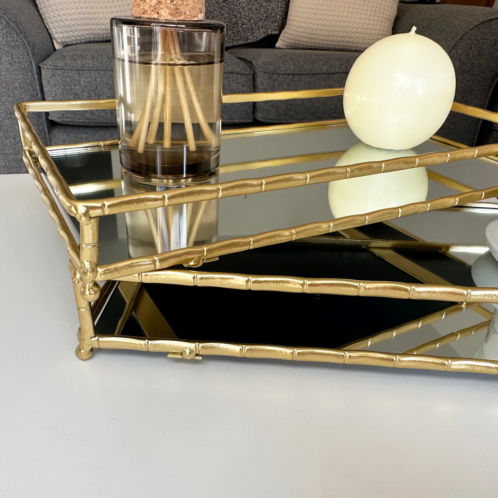 Set Of 2 Rectangular Gold Mirror Trays