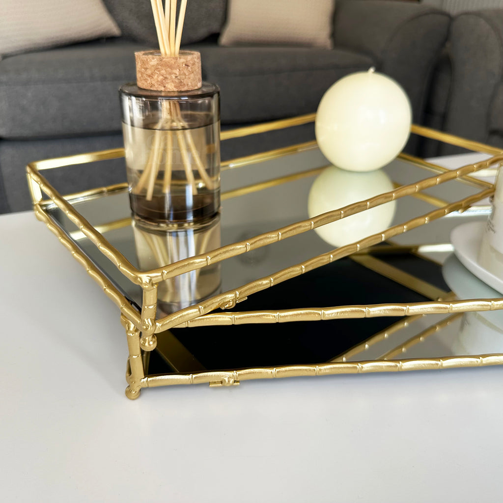 Set Of 2 Rectangular Gold Mirror Trays