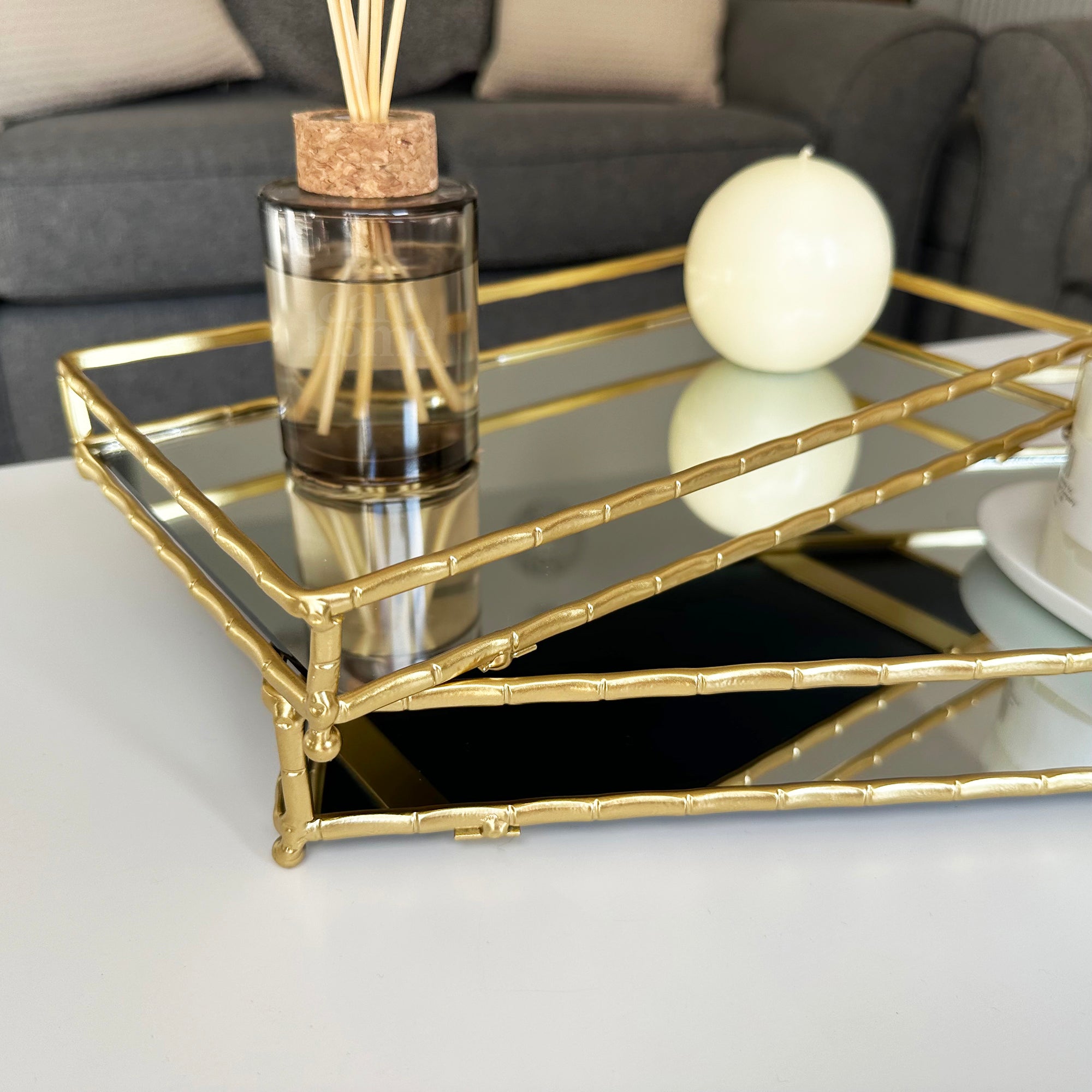Set Of 2 Rectangular Gold Mirror Trays