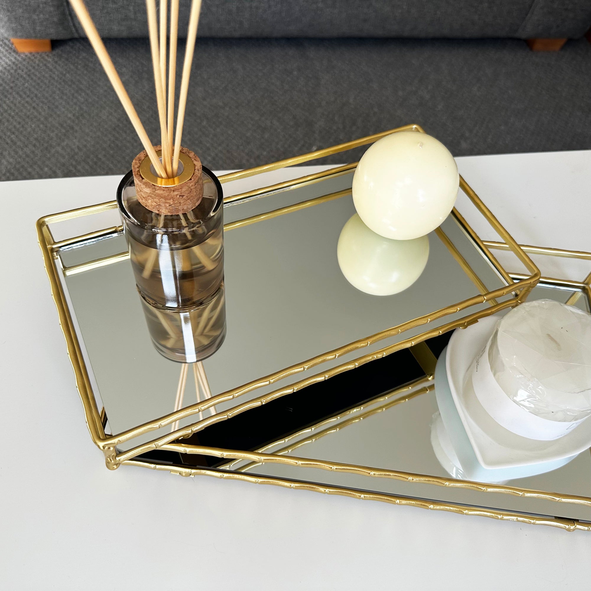 Set Of 2 Rectangular Gold Mirror Trays