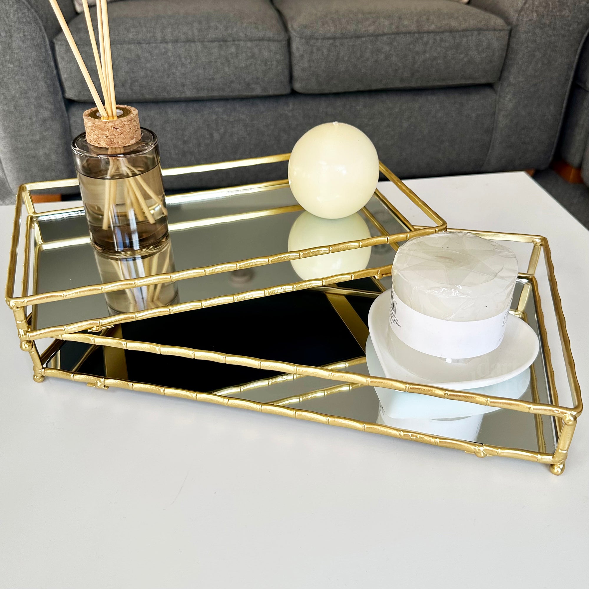 Set Of 2 Rectangular Gold Mirror Trays
