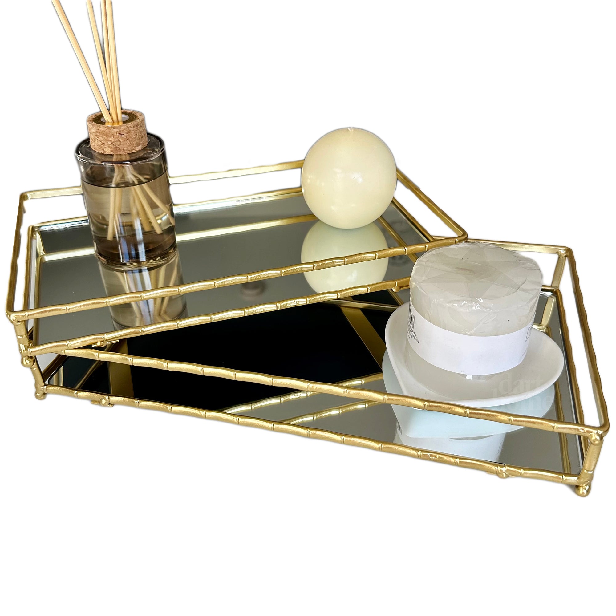 Set Of 2 Rectangular Gold Mirror Trays
