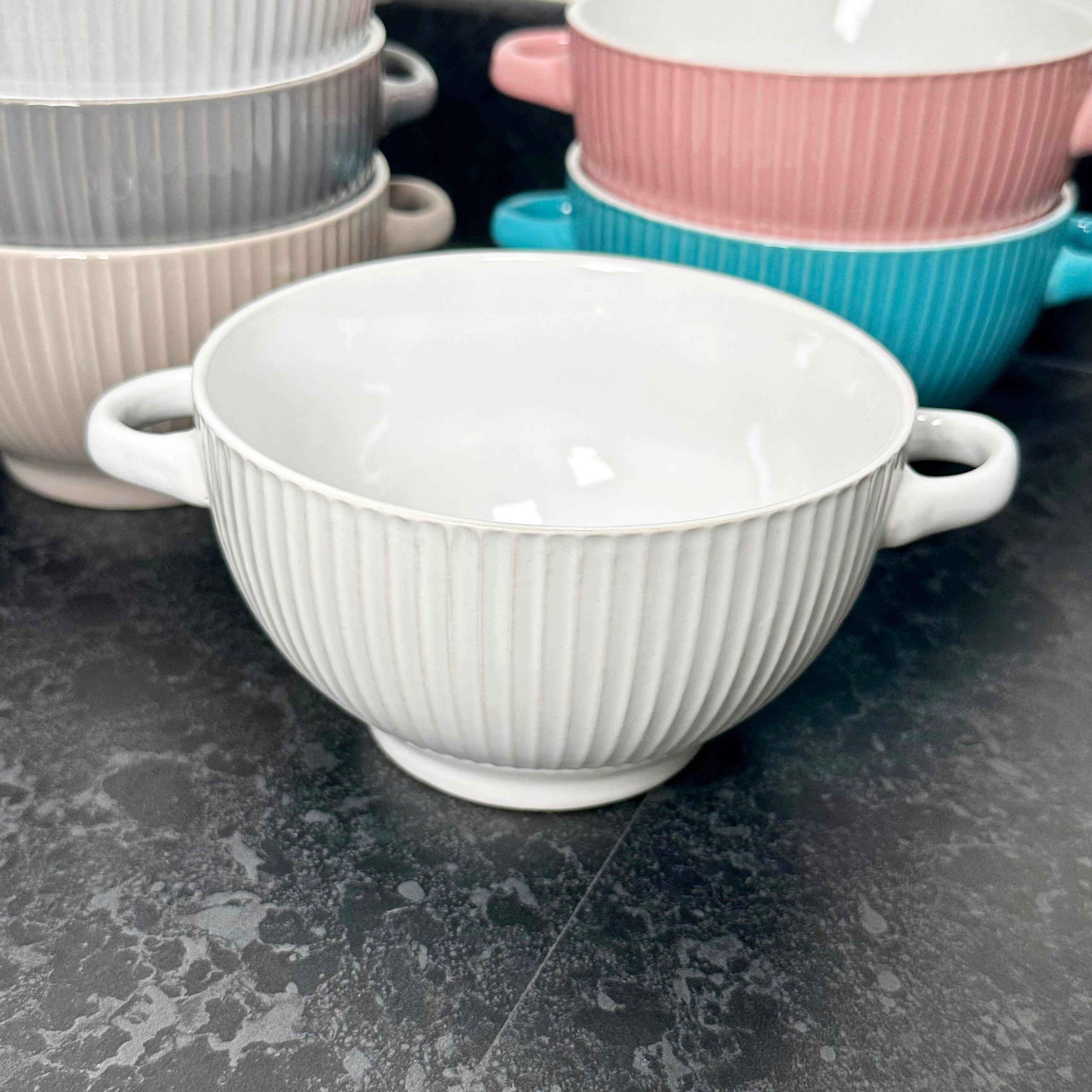 Ribbed Stoneware Soup Bowls With Handles Set Of 6