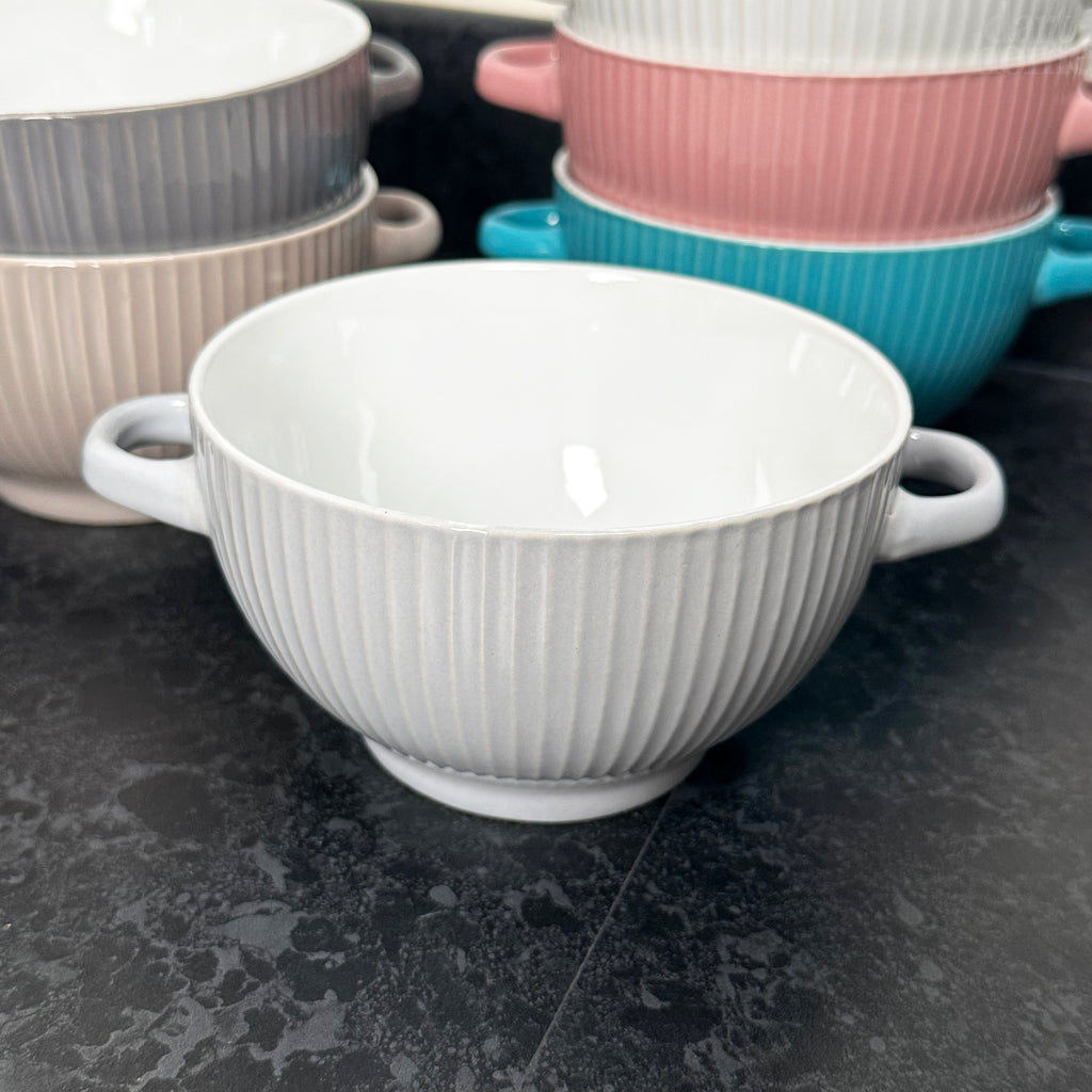 Ribbed Stoneware Soup Bowls With Handles Set Of 6