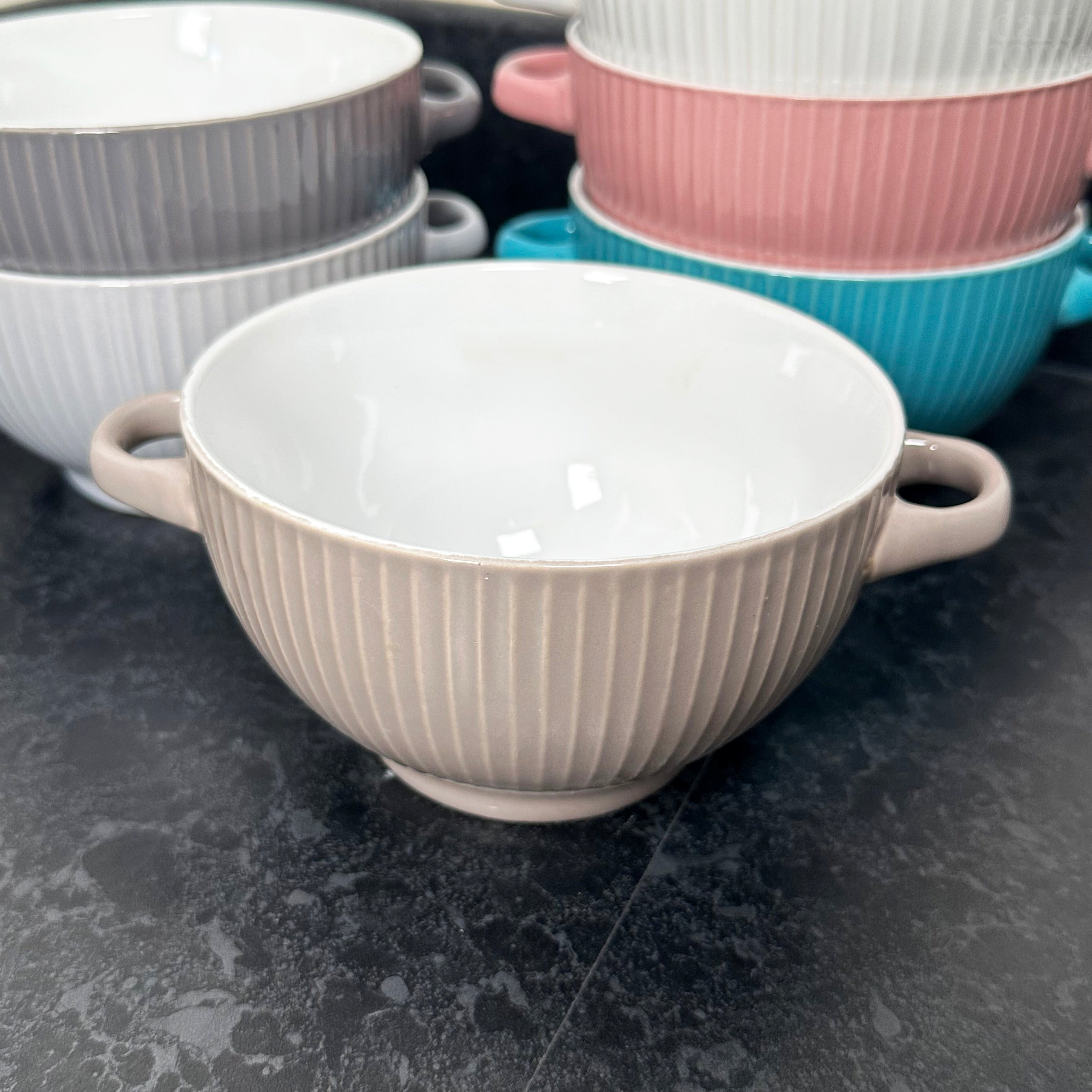 Ribbed Stoneware Soup Bowls With Handles Set Of 6