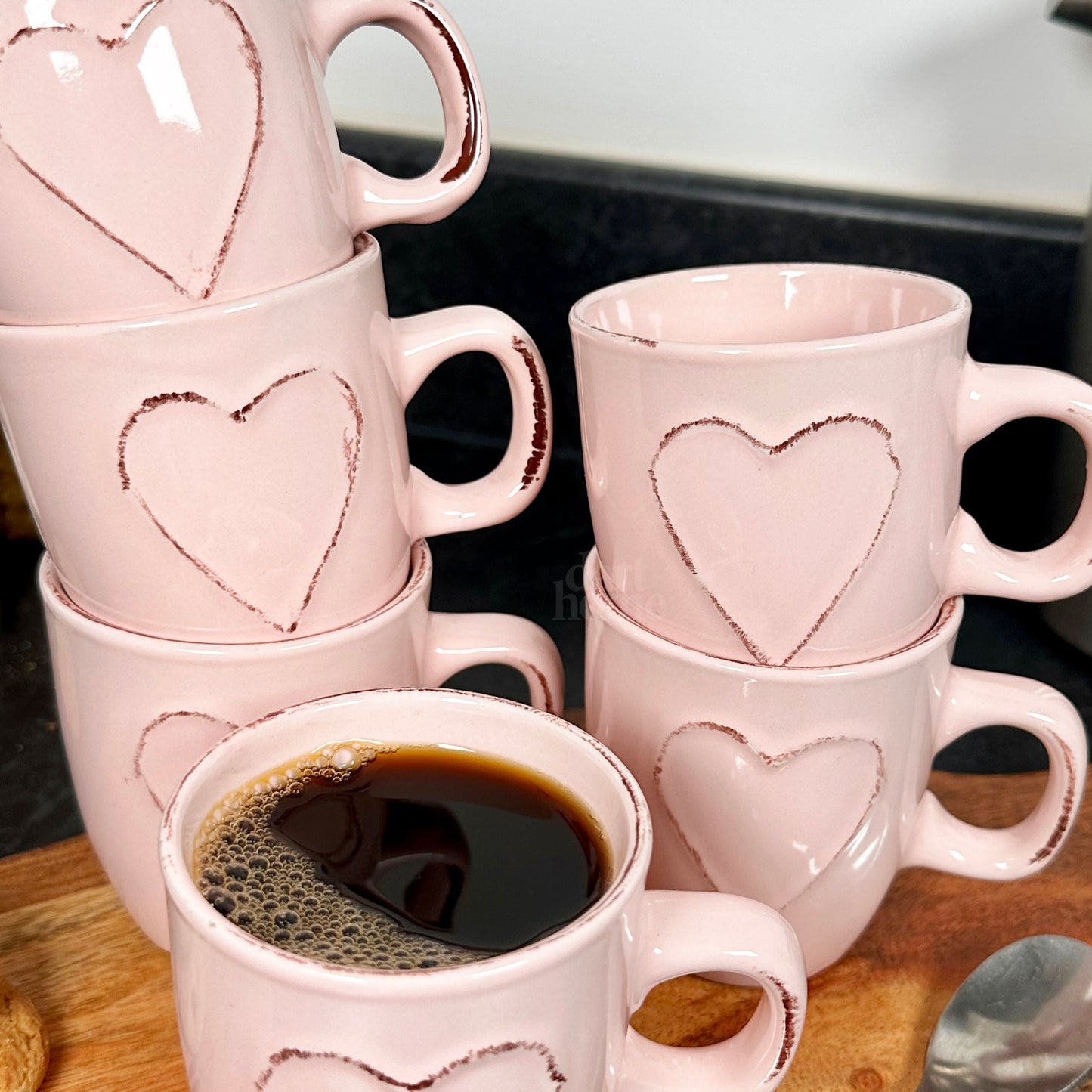 Set mit 6 Espressotassen mit rosa Liebesherz