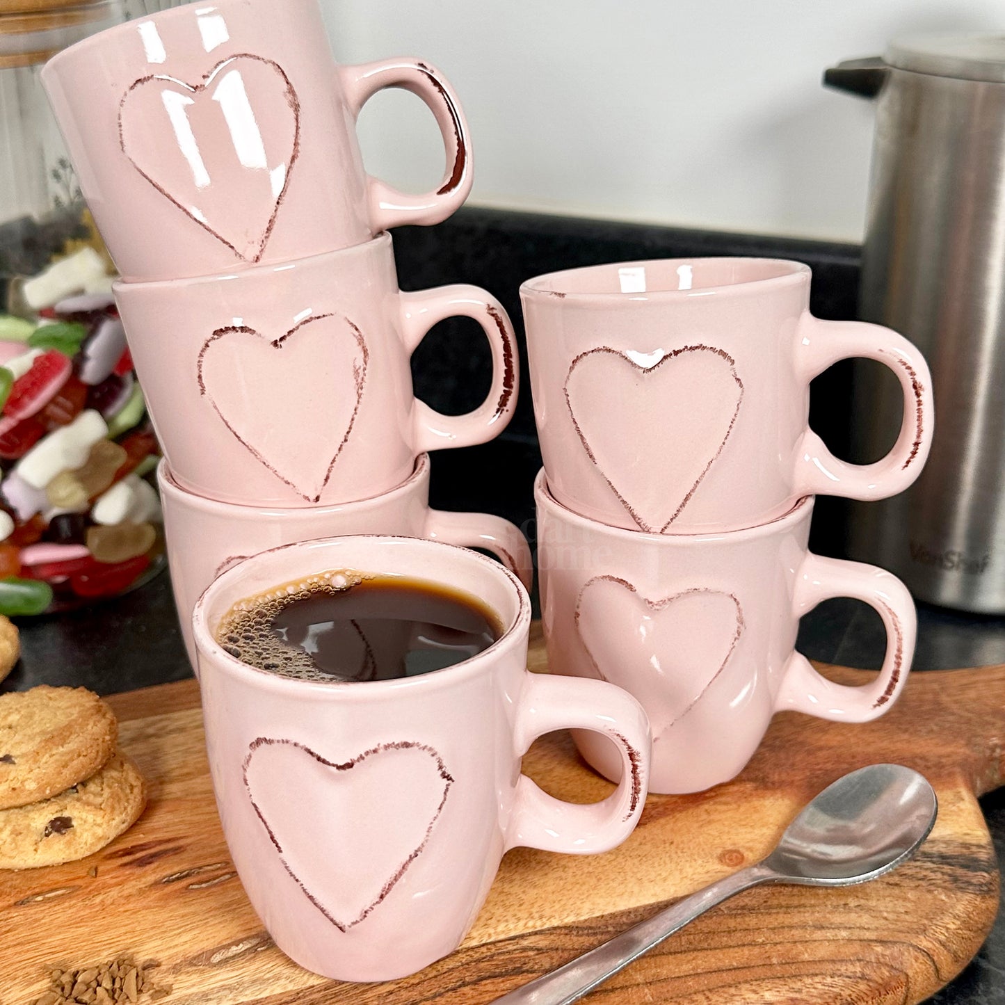 Set Of 6 Pink Love Heart Espresso Cups