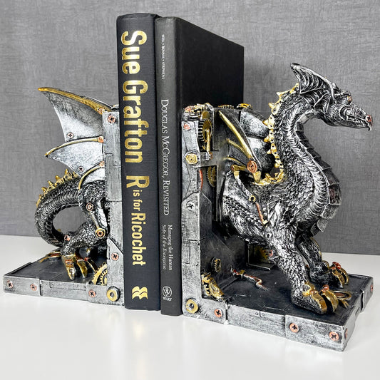 Large Steampunk Dragon Bookends Set