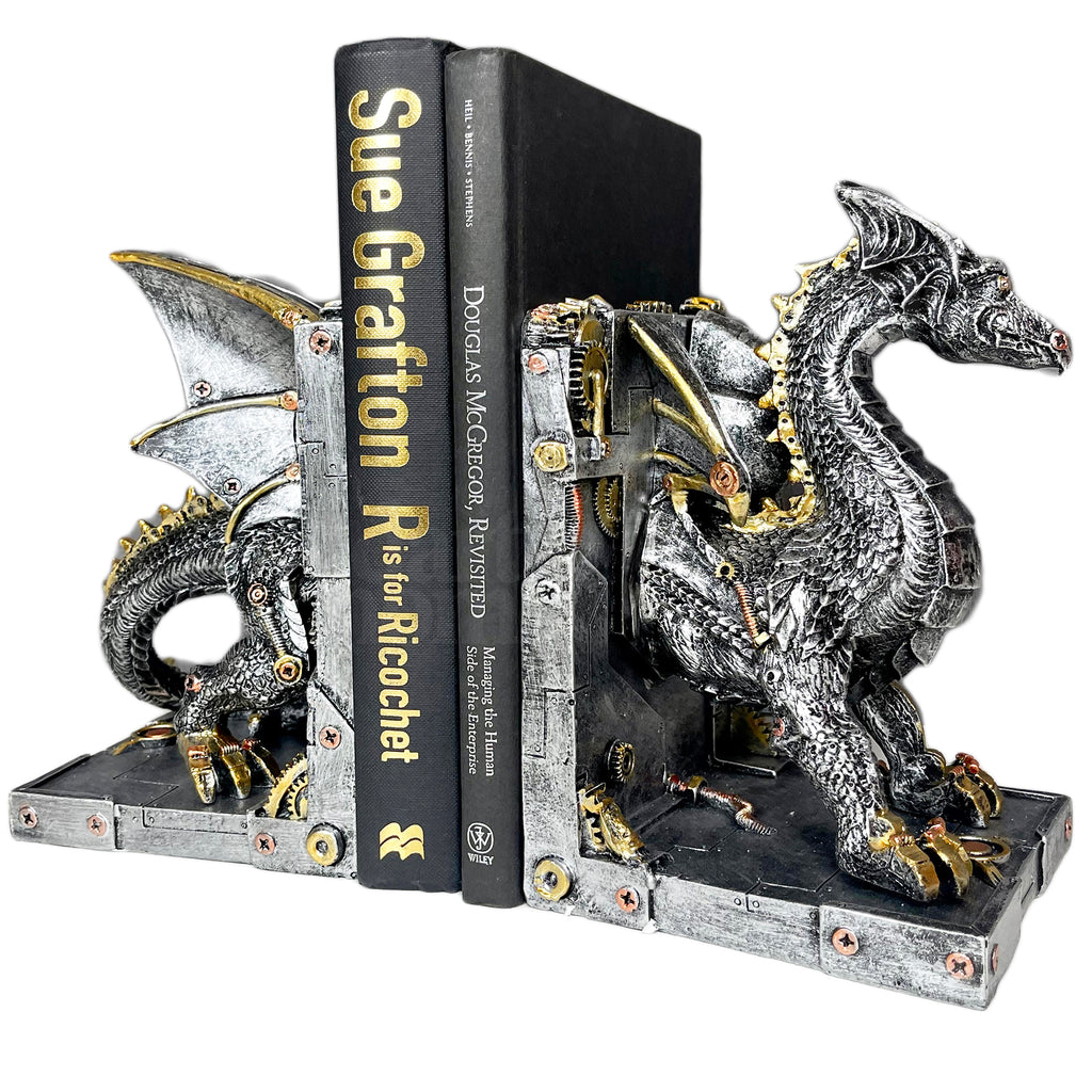 Large Steampunk Dragon Bookends Set