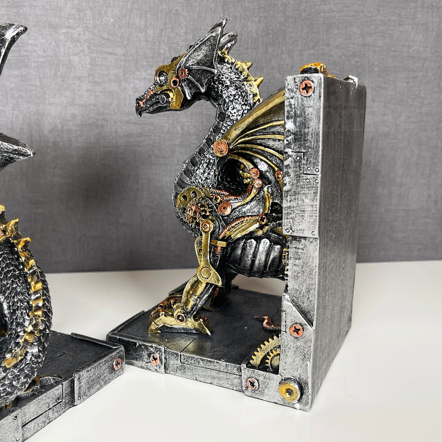 Large Steampunk Dragon Bookends Set