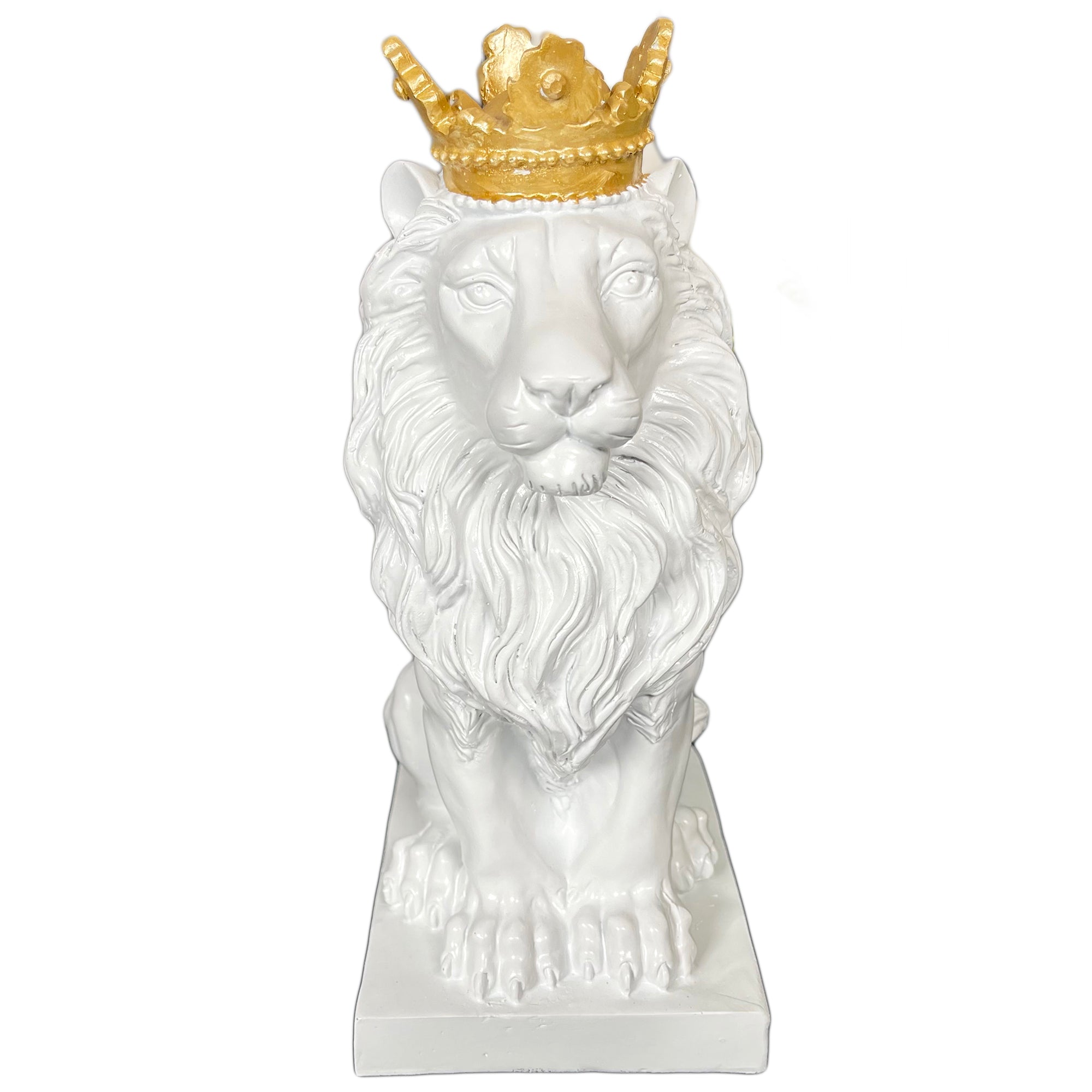 Weißer königlicher Löwe mit goldener Krone, Statue 13 x 26 x 16 cm