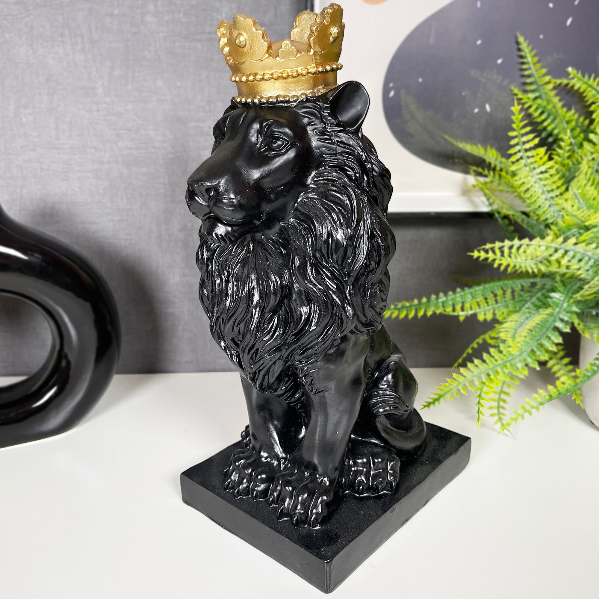 Black Royal Lion With Gold Crown Statue