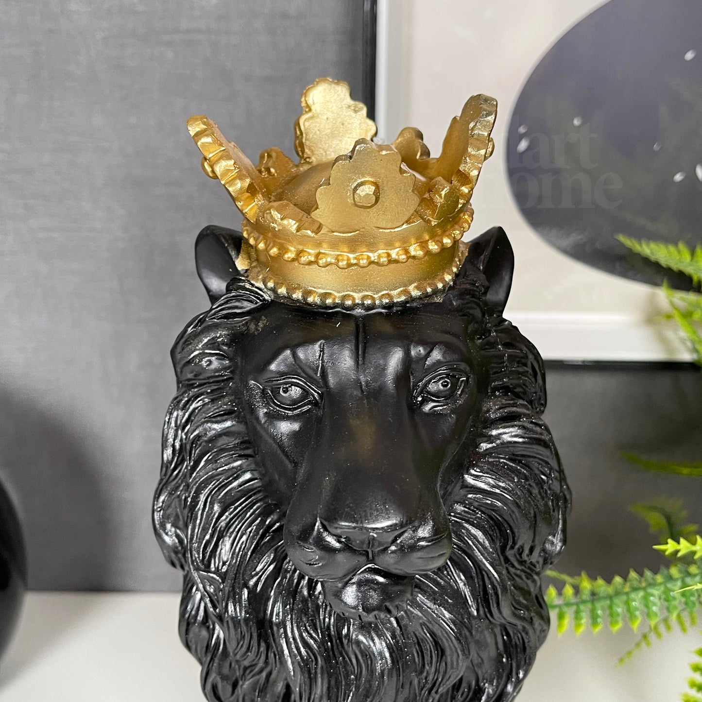 Black Royal Lion With Gold Crown Statue