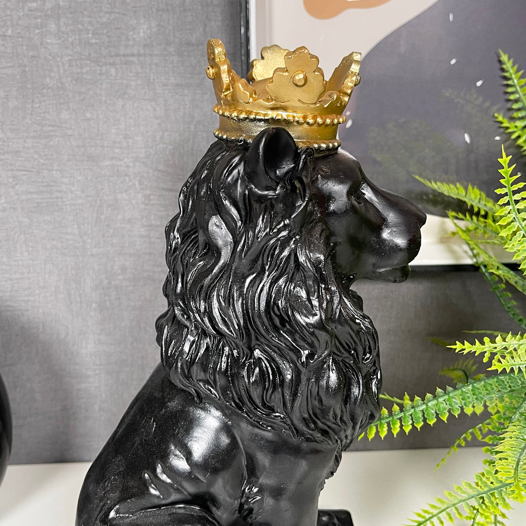 Black Royal Lion With Gold Crown Statue