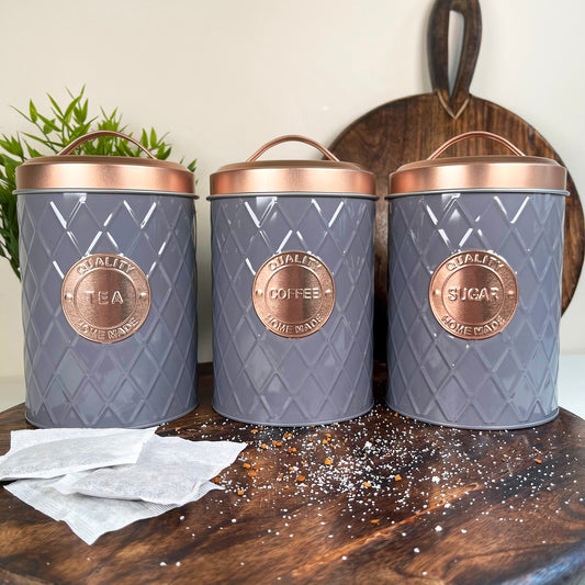 Grey & Copper Tea Coffee Sugar Canisters