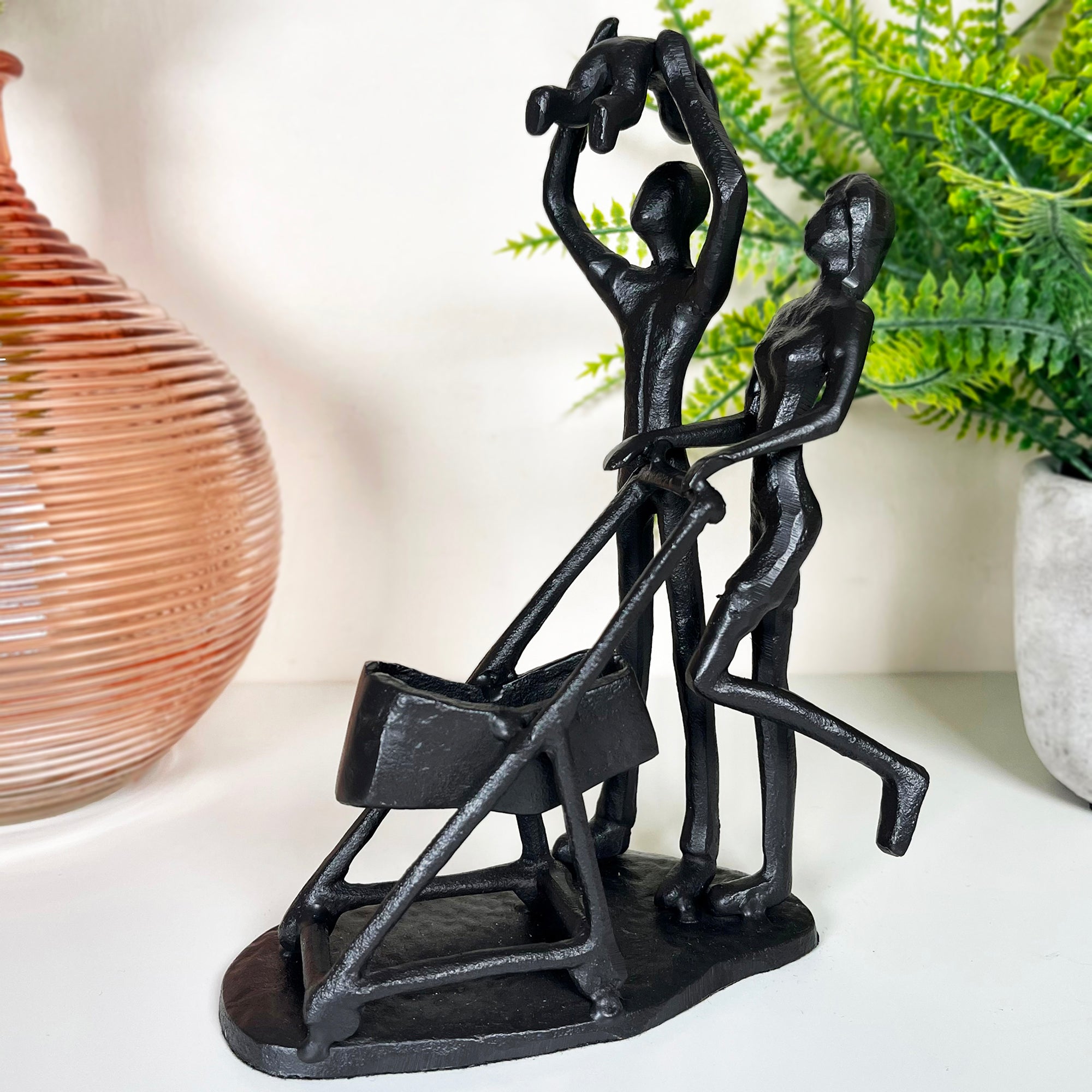 Cast Iron Family Of 3 With Pram Figurine