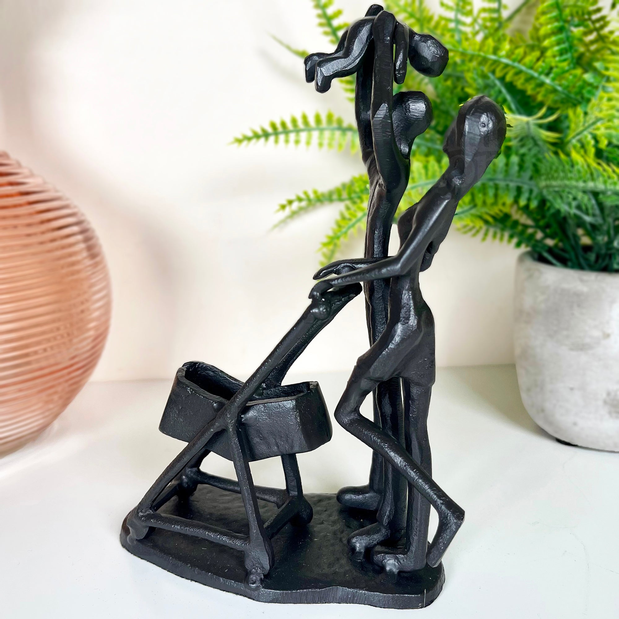 Cast Iron Family Of 3 With Pram Figurine
