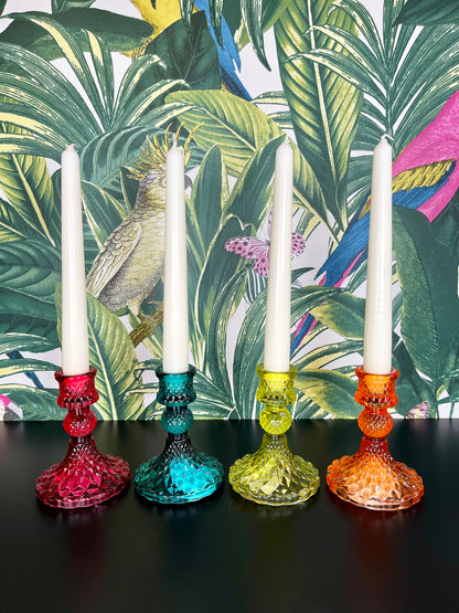 Eclectic Jewel Glass Candlestick Holders Set Of 4
