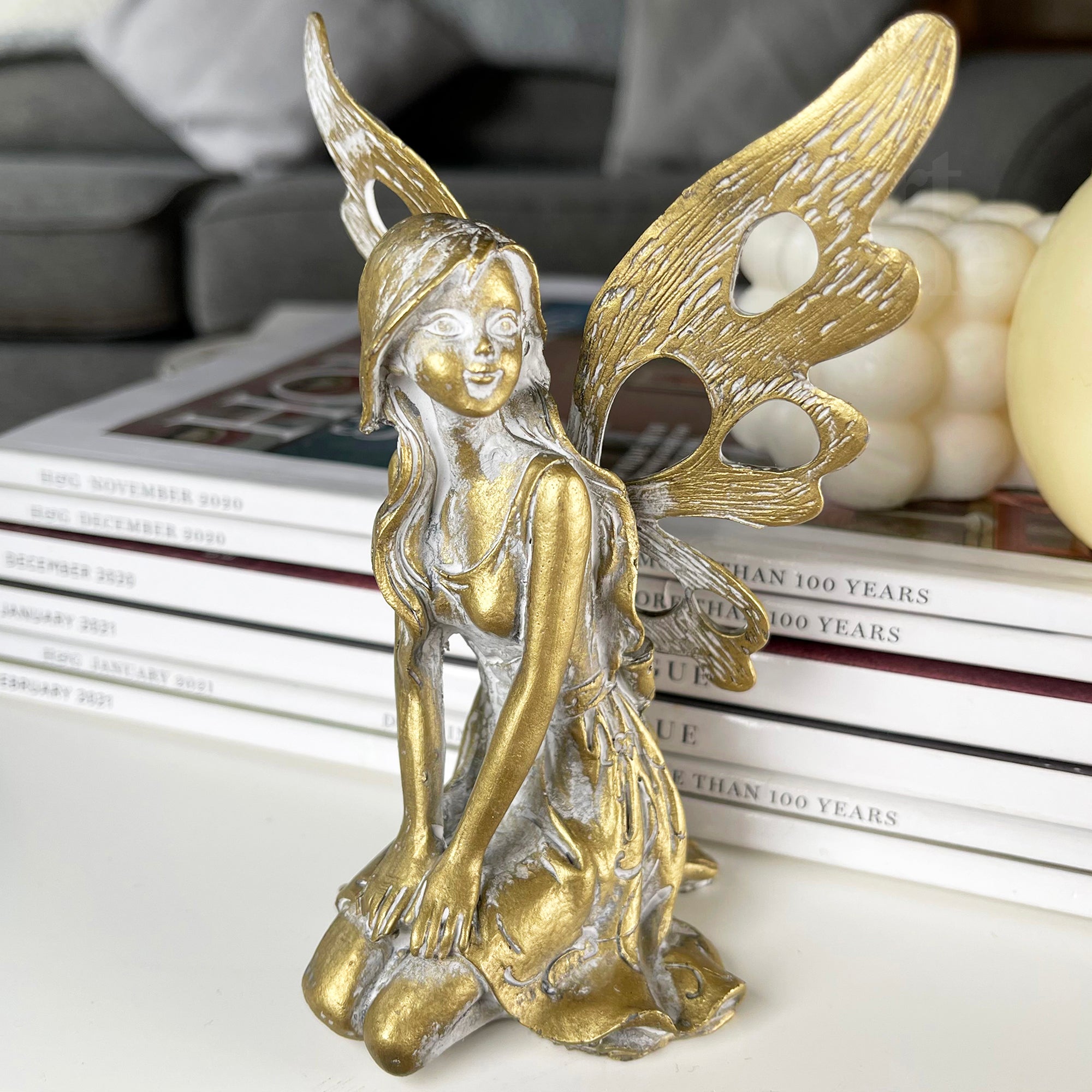 Distressed Gold Kneeling Fairy Figurine
