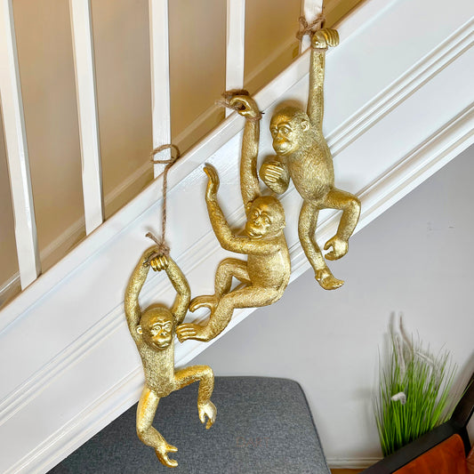 Set Of 3 Gold Hanging Monkey Ornaments