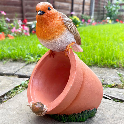 Robin On Plant Pot Bird Feeder