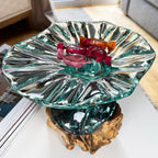 Geschmolzene Glas-Bonbonschale auf Teakholz-Wurzelständer