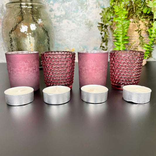 Set mit 4 Fliederblüten-Teelichtern und Votivkerzen