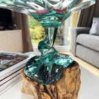 Geschmolzene Glas-Bonbonschale auf Teakholz-Wurzelständer