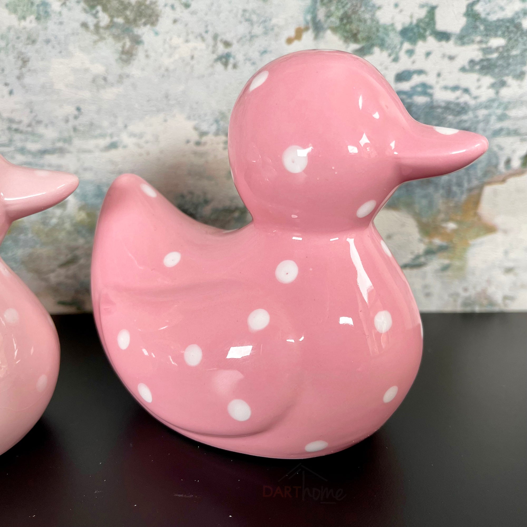 Set mit 3 rosa gepunkteten Entenfamilien-Keramikstücken