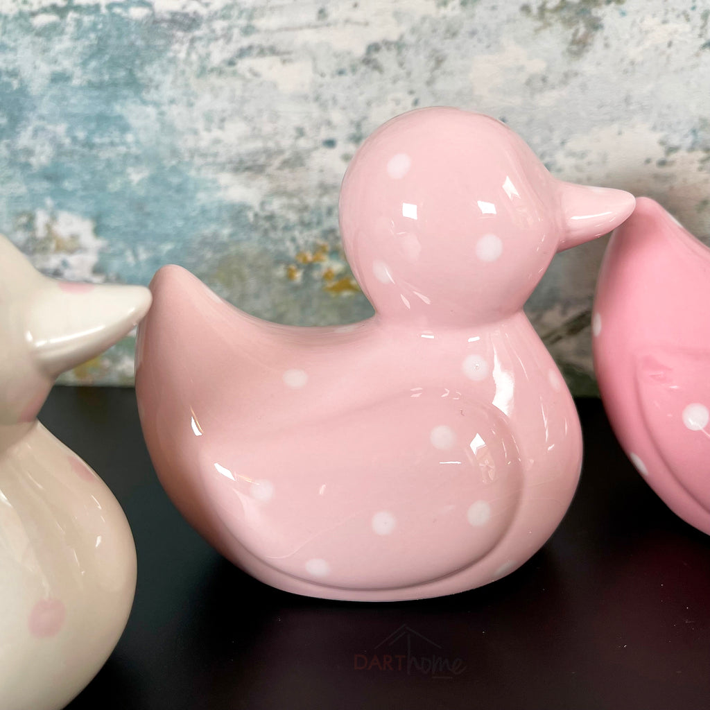 Set mit 3 rosa gepunkteten Entenfamilien-Keramikstücken