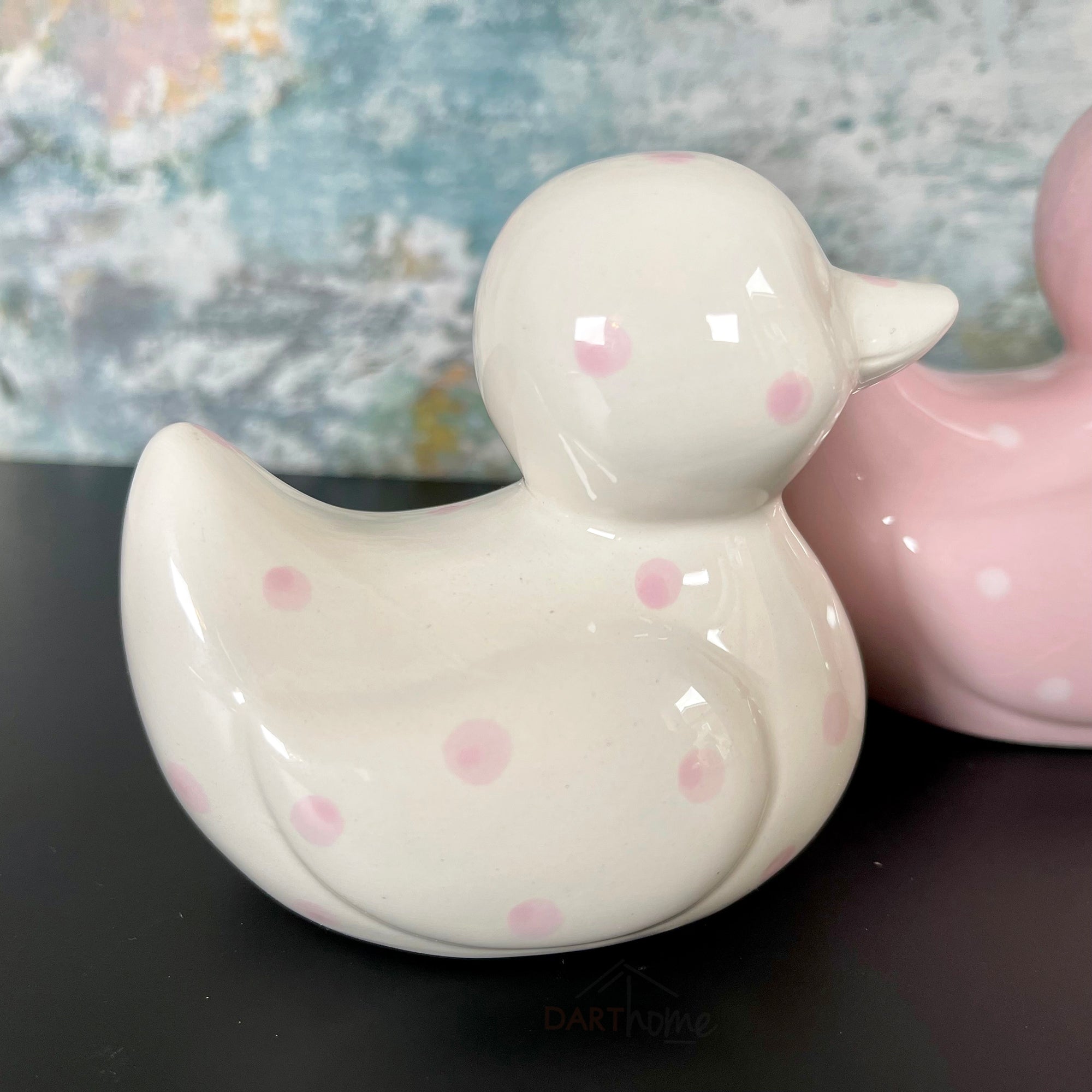 Set mit 3 rosa gepunkteten Entenfamilien-Keramikstücken
