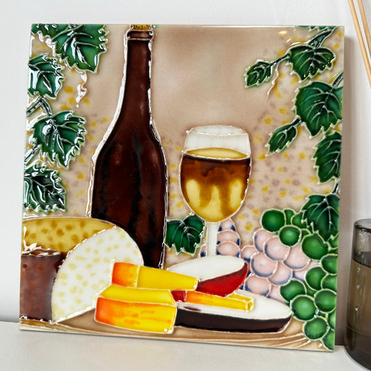 Cheese And Wine Ceramic Tile Wall Art 8x8"